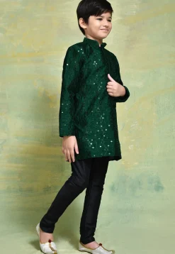Embroidered Art Silk Kurta Set in Dark Green