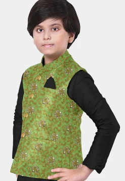 Embroidered Art Silk Kurta Set in Black