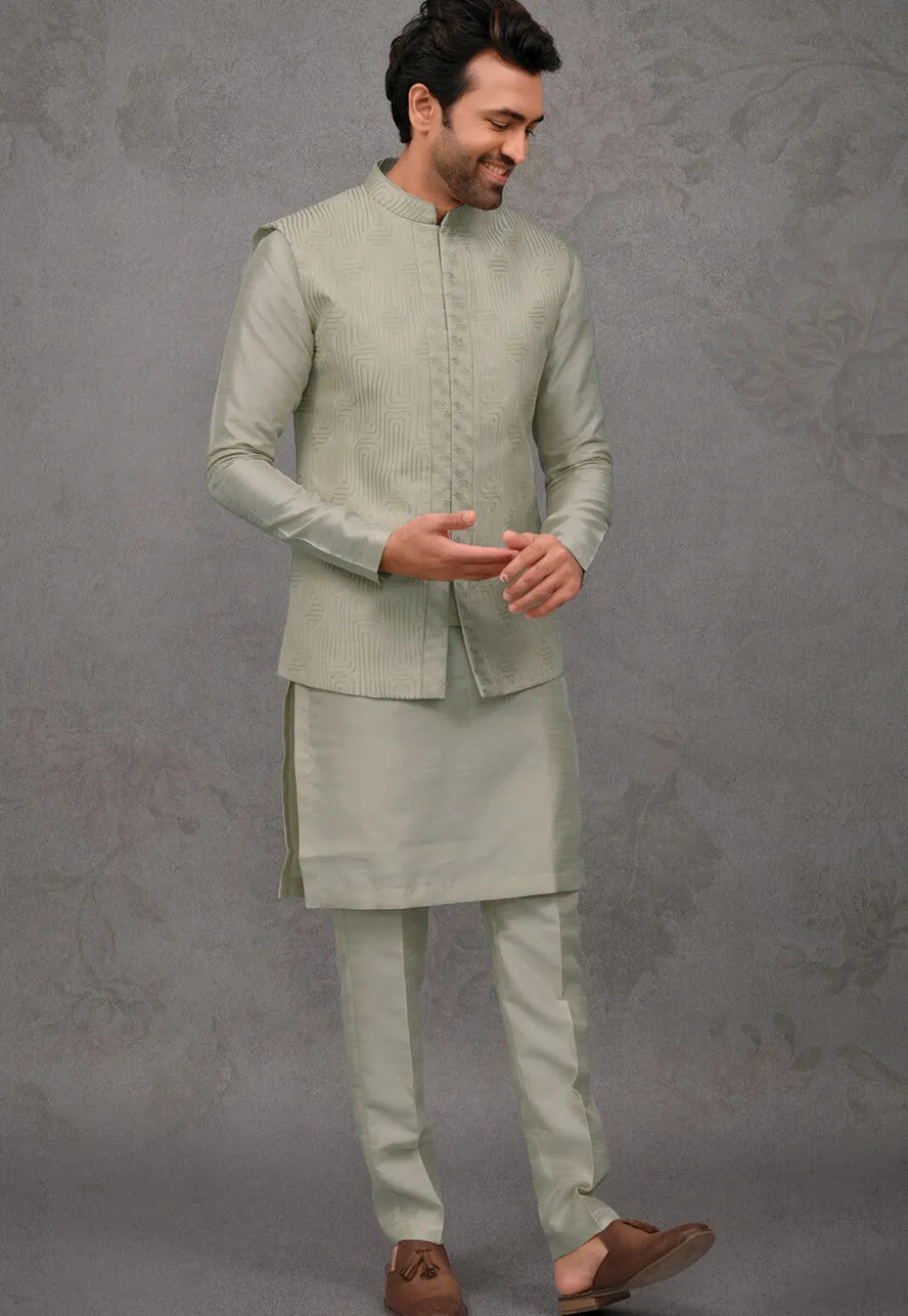 Embroidered Art Silk Kurta Set in Dusty Green