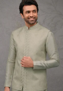 Embroidered Art Silk Kurta Set in Dusty Green