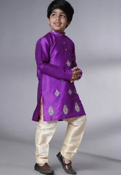 Embroidered Art Silk Kurta Set in Dark Magenta