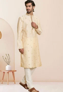 Embroidered Art Silk Kurta Set in Light Beige