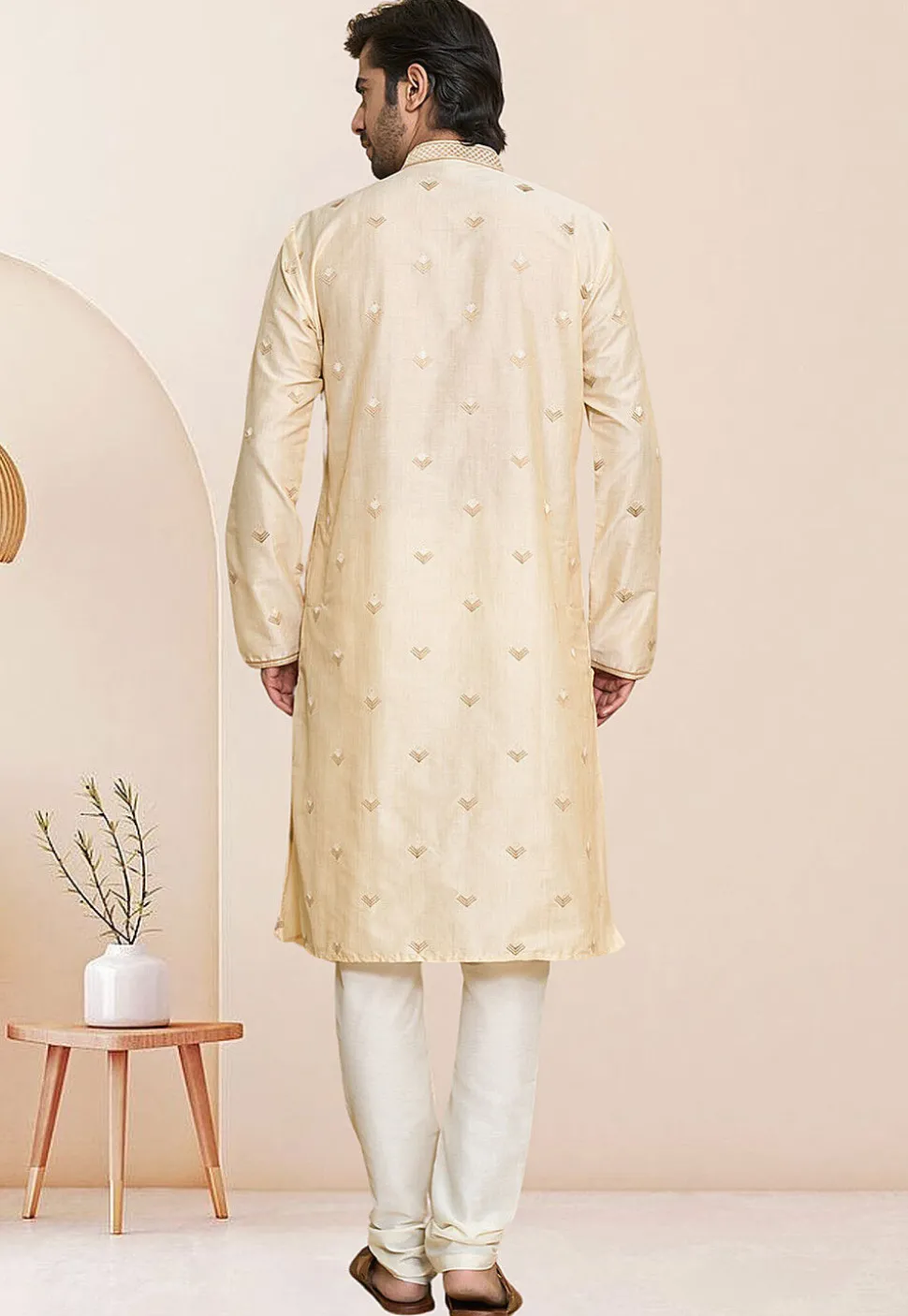 Embroidered Art Silk Kurta Set in Light Beige