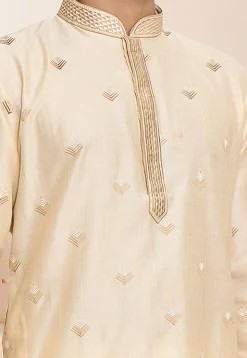 Embroidered Art Silk Kurta Set in Light Beige