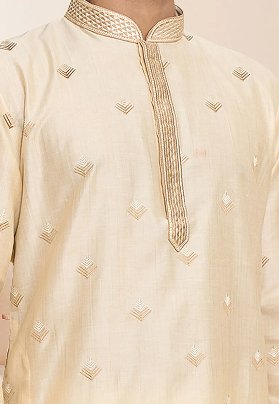 Embroidered Art Silk Kurta Set in Light Beige