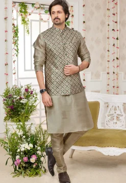 Embroidered Art Silk Kurta Set in Beige