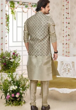 Embroidered Art Silk Kurta Set in Beige