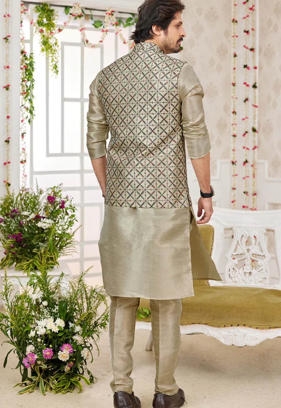 Embroidered Art Silk Kurta Set in Beige