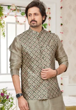 Embroidered Art Silk Kurta Set in Beige