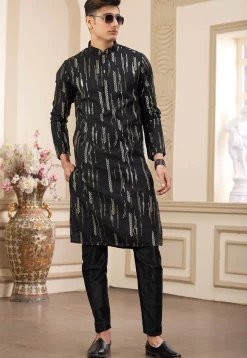 Embroidered Art Silk Kurta Set in Black