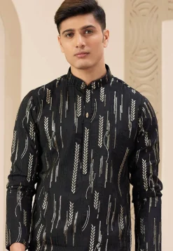 Embroidered Art Silk Kurta Set in Black