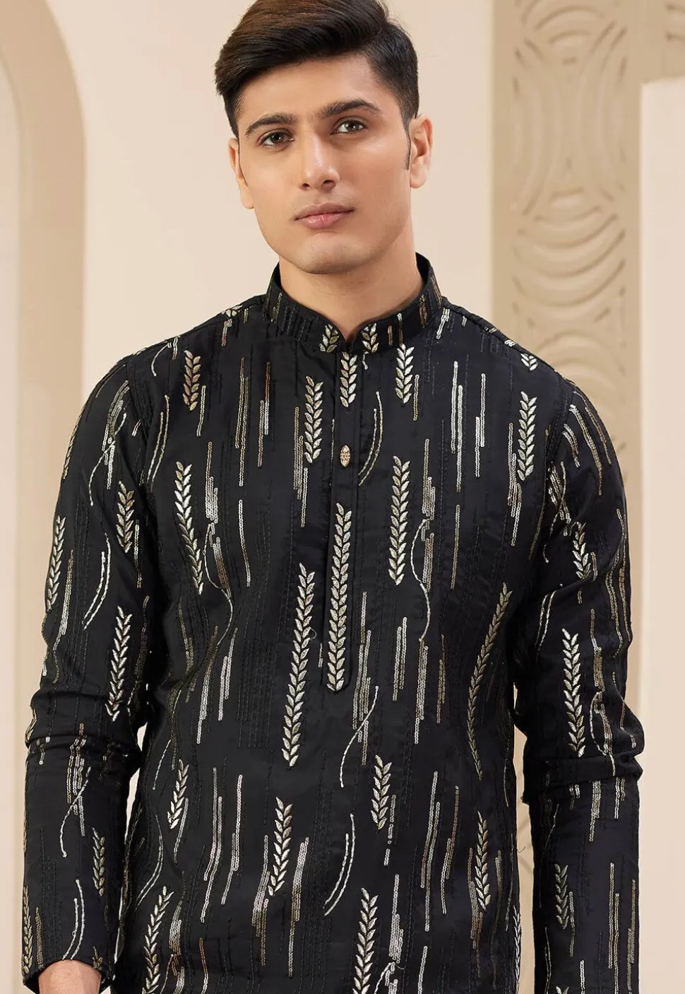 Embroidered Art Silk Kurta Set in Black