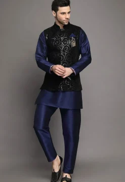 Embroidered Art Silk Kurta Jacket Set in Navy Blue and Black
