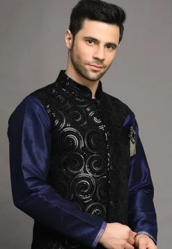 Embroidered Art Silk Kurta Jacket Set in Navy Blue and Black