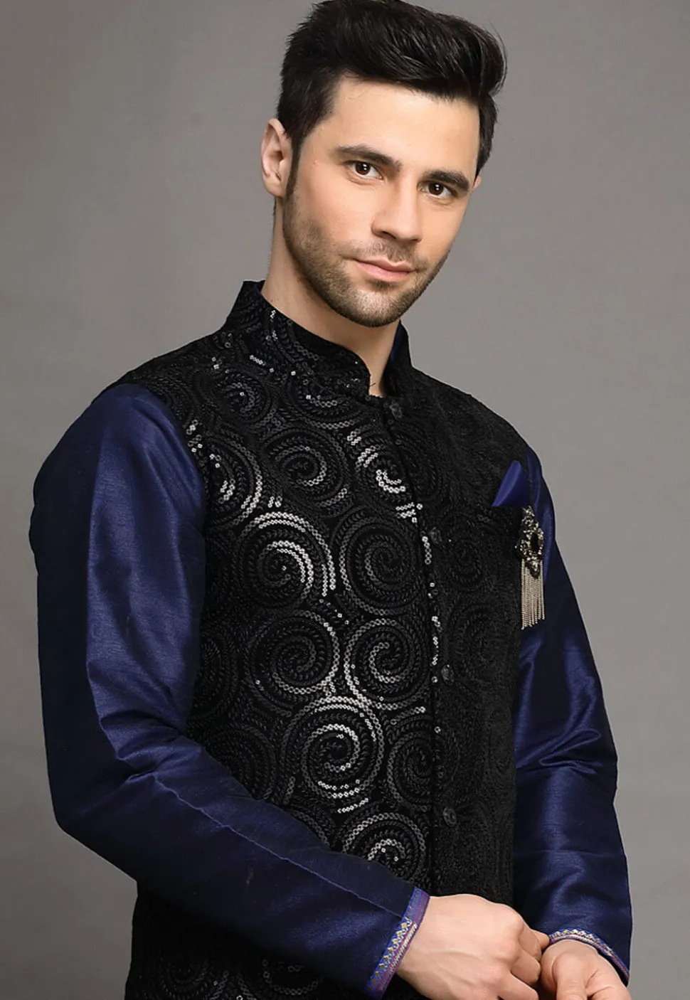 Embroidered Art Silk Kurta Jacket Set in Navy Blue and Black