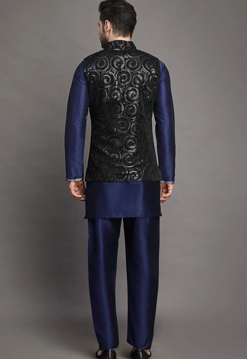 Embroidered Art Silk Kurta Jacket Set in Navy Blue and Black