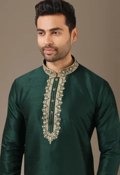 Embroidered Art Silk Kurta in Dark Green