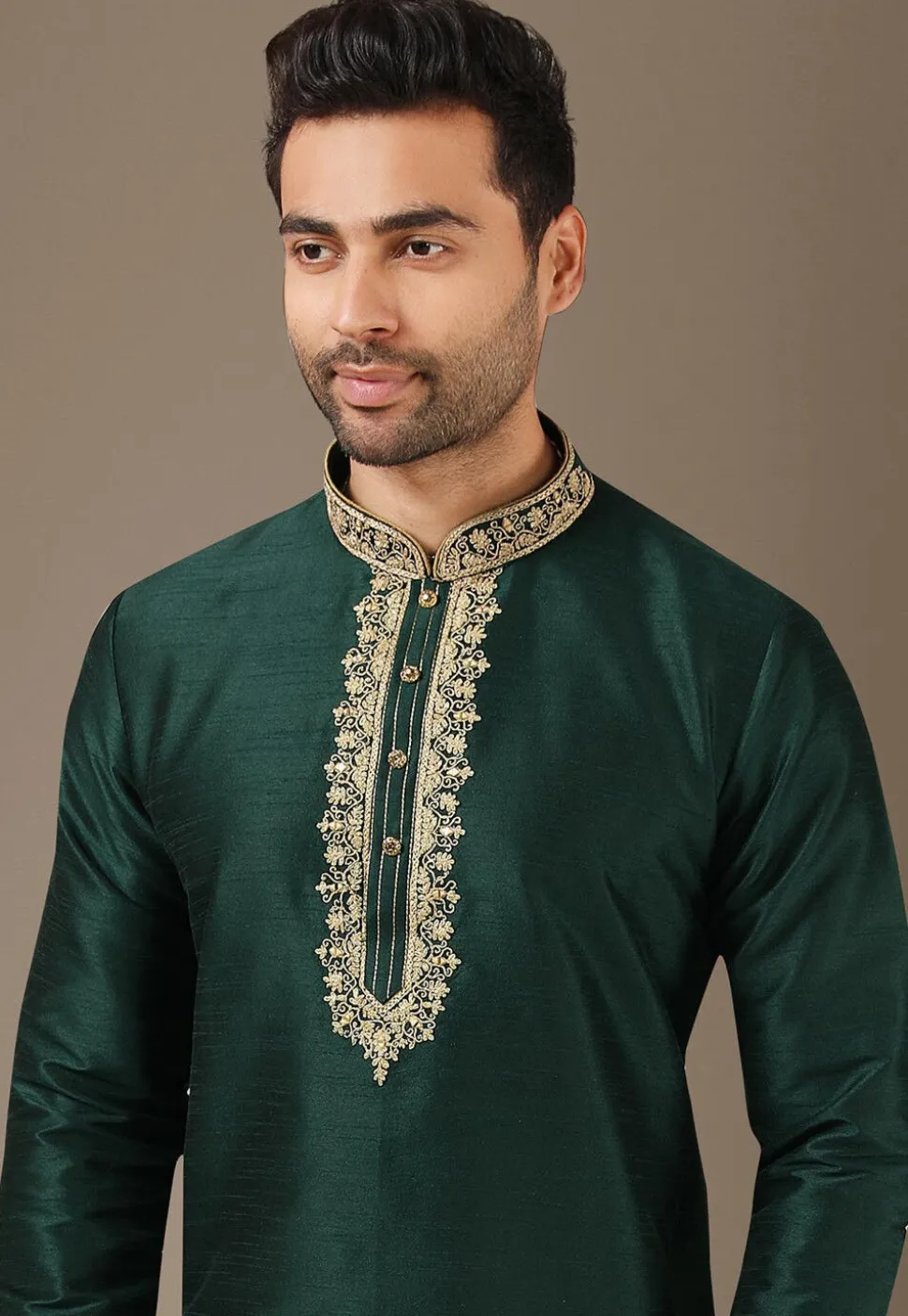 Embroidered Art Silk Kurta in Dark Green