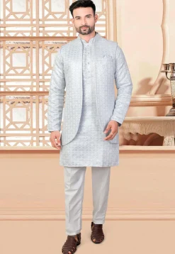 Embroidered Art Silk Kurta Set in Light Blue