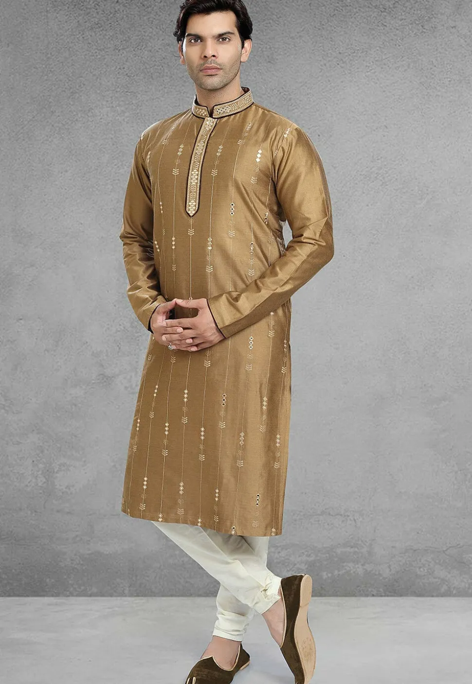 Embroidered Art Silk Kurta Set in Beige
