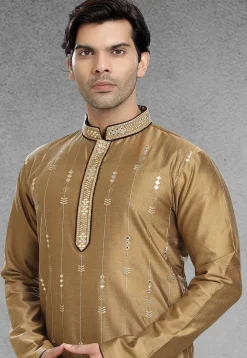 Embroidered Art Silk Kurta Set in Beige