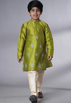 Embroidered Art Silk Kurta Set in Olive Green
