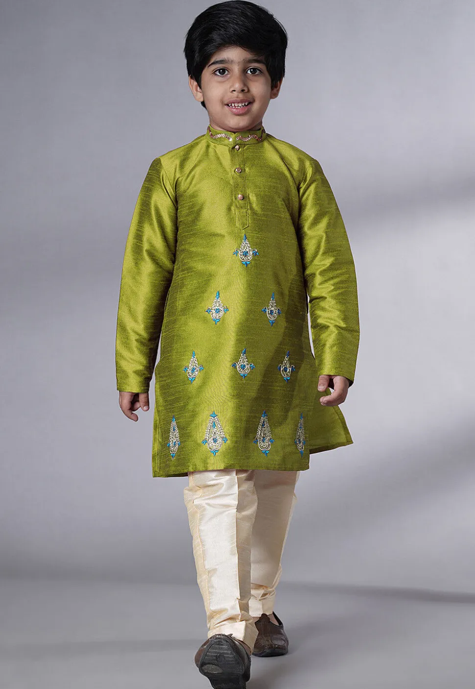 Embroidered Art Silk Kurta Set in Olive Green