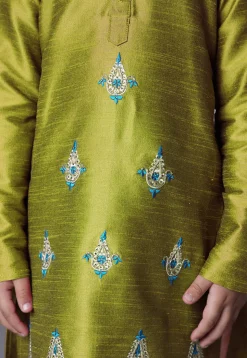 Embroidered Art Silk Kurta Set in Olive Green