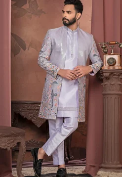 Embroidered Art Silk Kurta Set in Purple