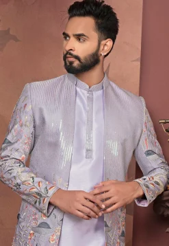 Embroidered Art Silk Kurta Set in Purple
