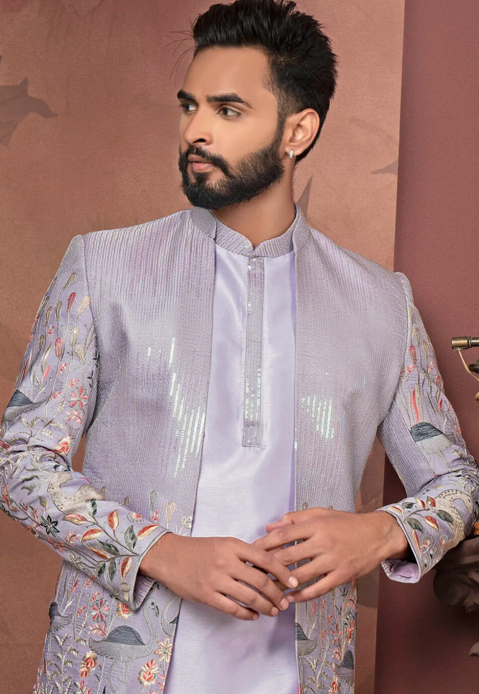 Embroidered Art Silk Kurta Set in Purple