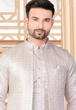 Embroidered Art Silk Kurta Set in Peach
