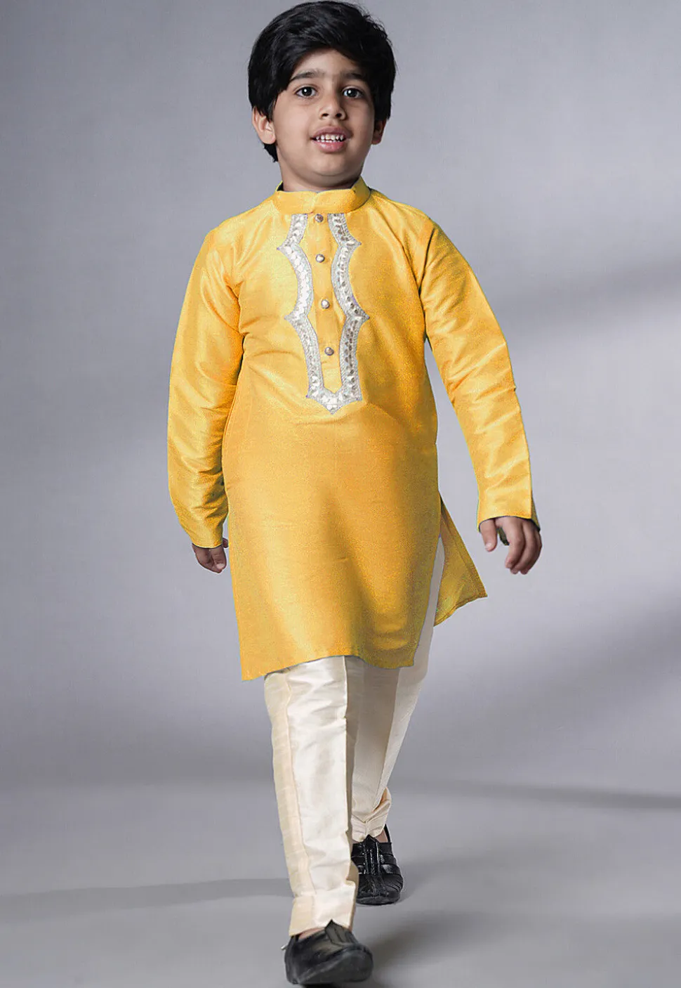 Embroidered Art Silk Kurta Set in Yellow
