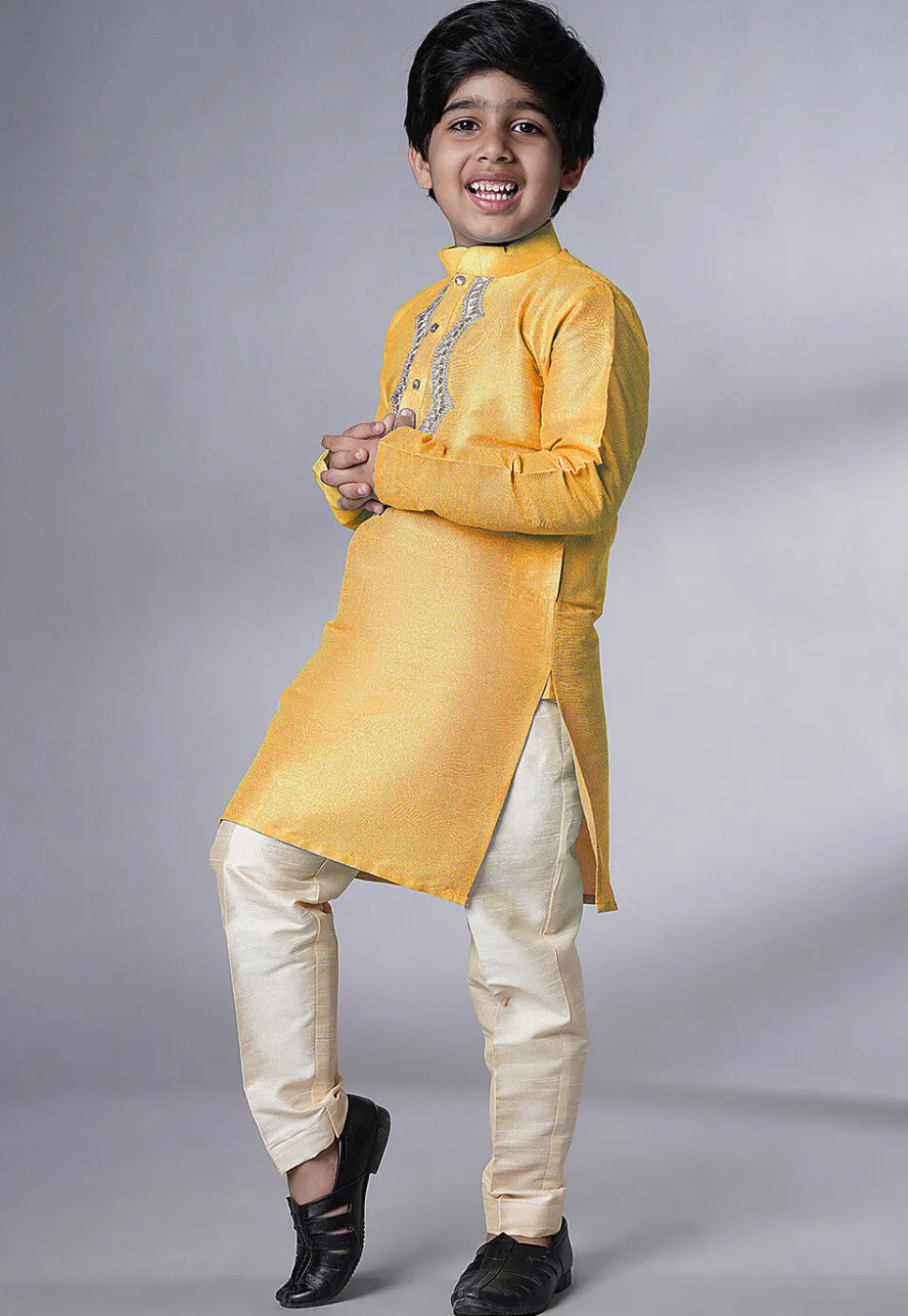 Embroidered Art Silk Kurta Set in Yellow
