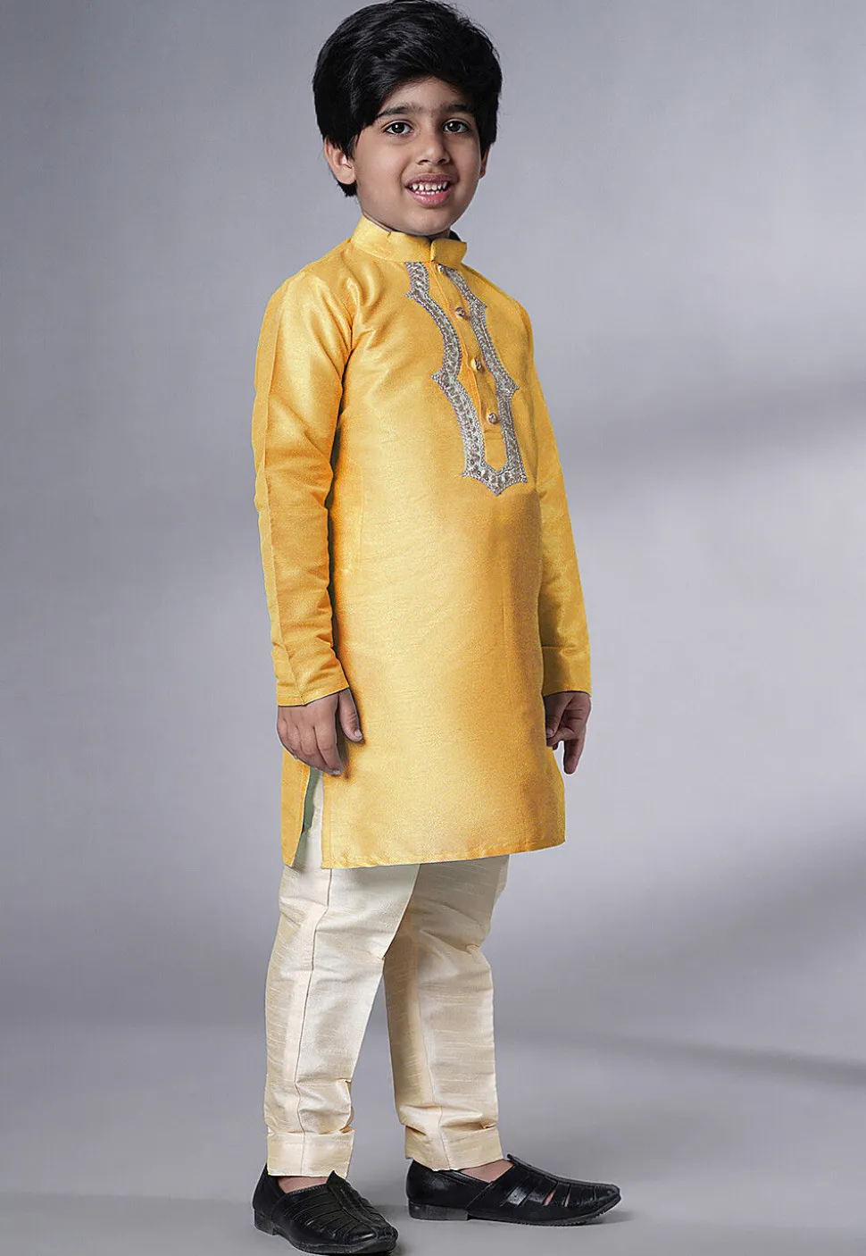 Embroidered Art Silk Kurta Set in Yellow