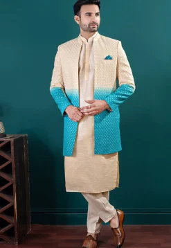Embroidered Art Silk Kurta Set in Beige