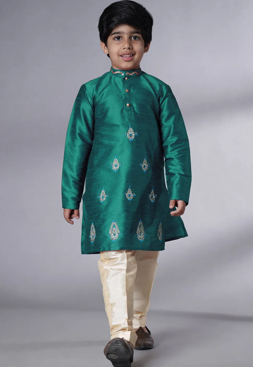 Embroidered Art Silk Kurta Set in Teal Green