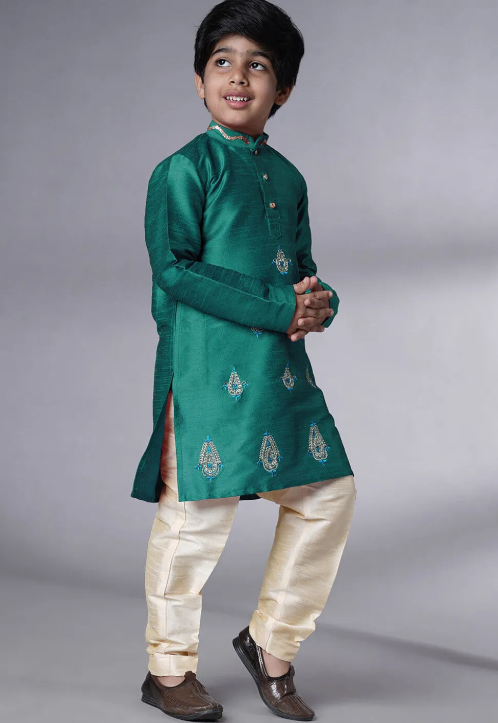 Embroidered Art Silk Kurta Set in Teal Green
