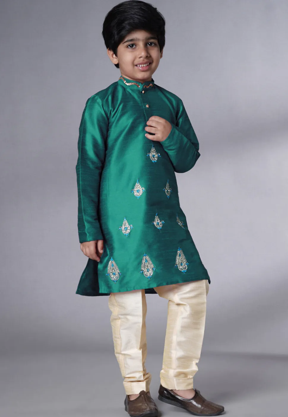 Embroidered Art Silk Kurta Set in Teal Green