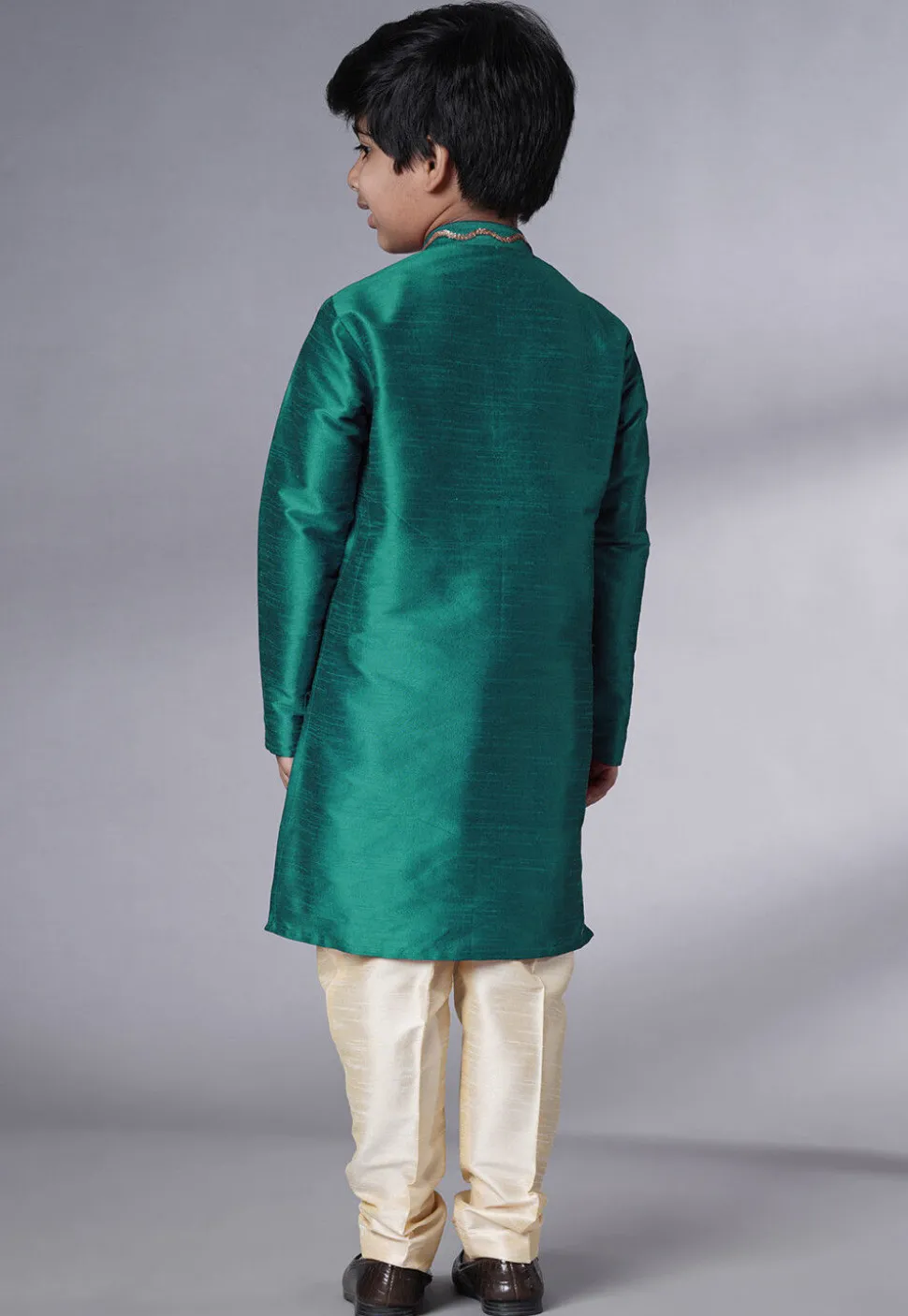 Embroidered Art Silk Kurta Set in Teal Green