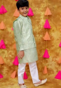 Embroidered Art Silk Kurta Set in Pastel Green