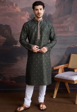 Embroidered Art Silk Kurta Set in Dark Olive Green
