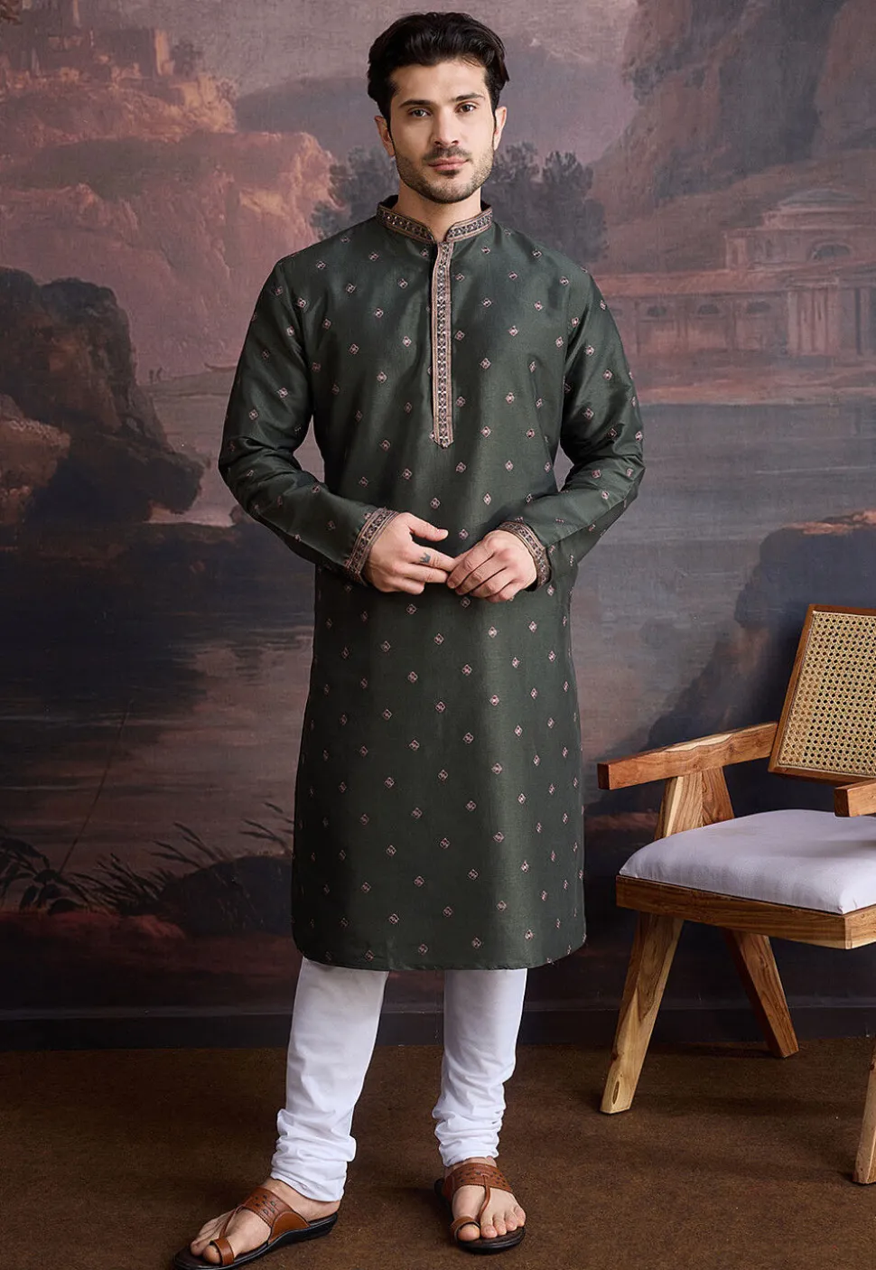 Embroidered Art Silk Kurta Set in Dark Olive Green