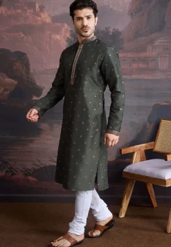 Embroidered Art Silk Kurta Set in Dark Olive Green