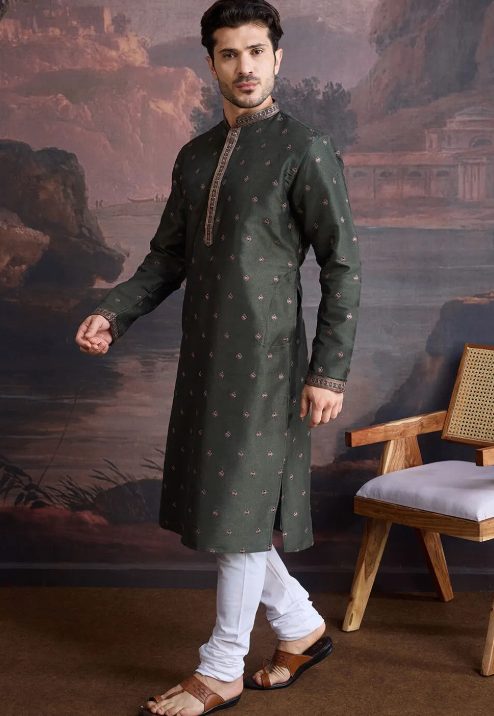 Embroidered Art Silk Kurta Set in Dark Olive Green