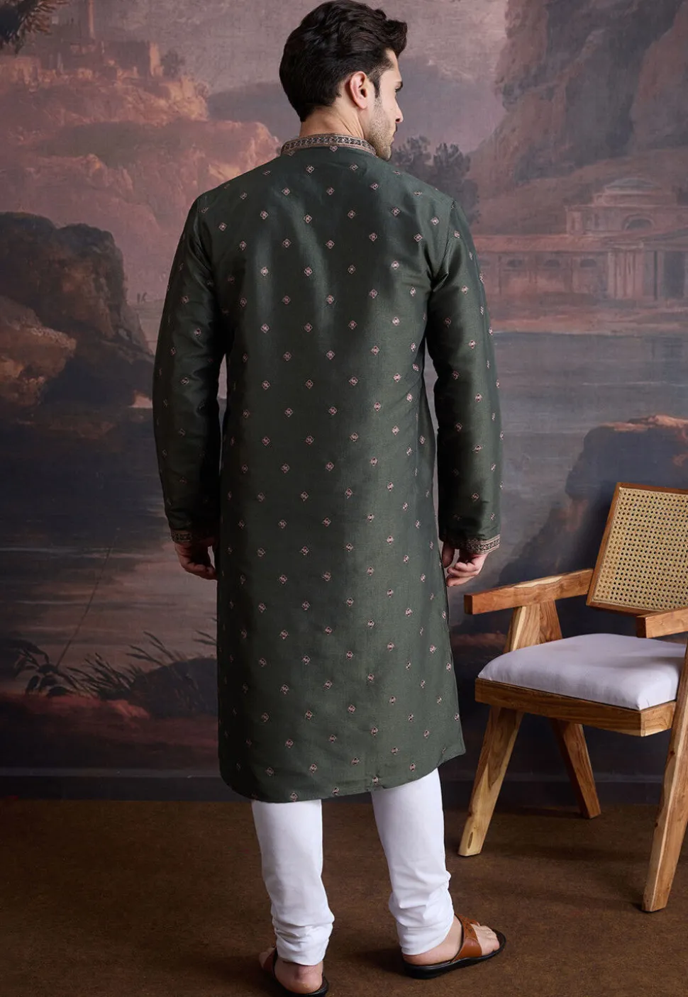 Embroidered Art Silk Kurta Set in Dark Olive Green