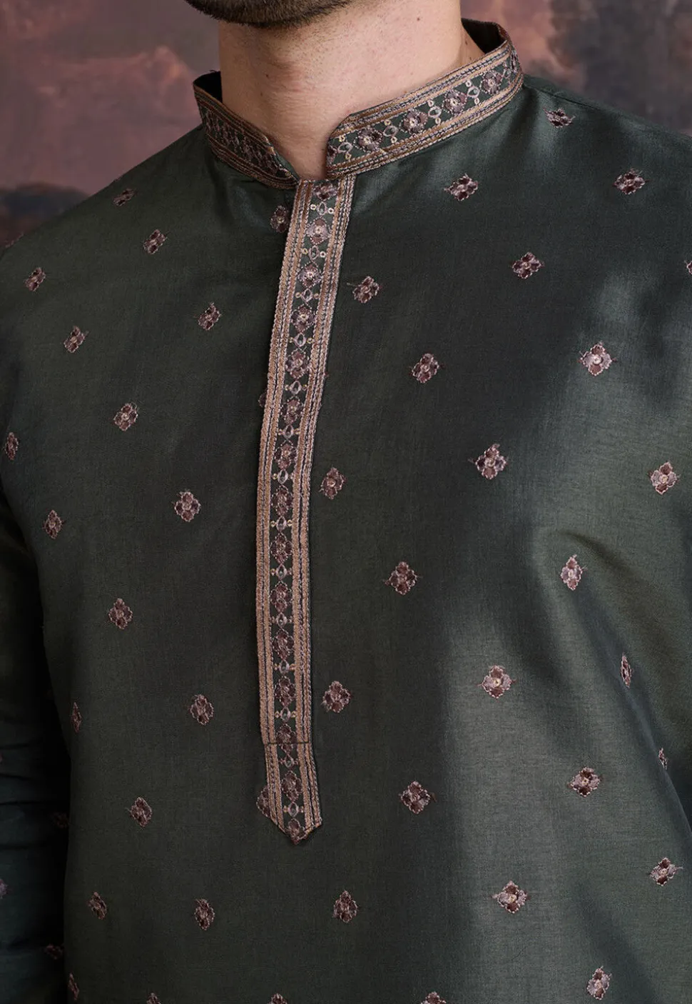 Embroidered Art Silk Kurta Set in Dark Olive Green
