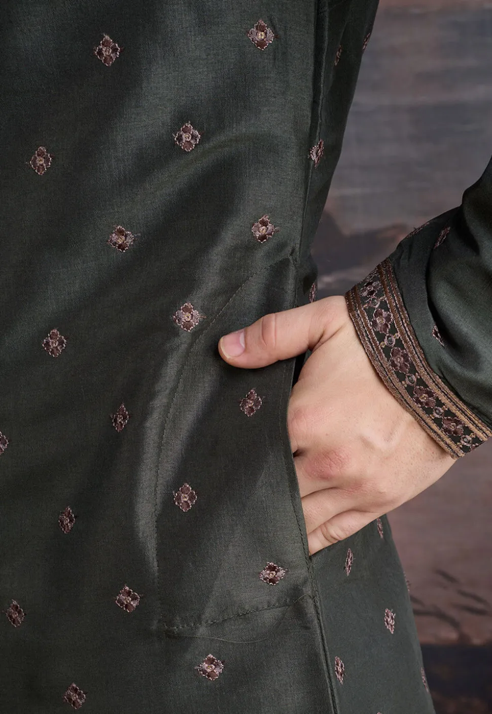 Embroidered Art Silk Kurta Set in Dark Olive Green