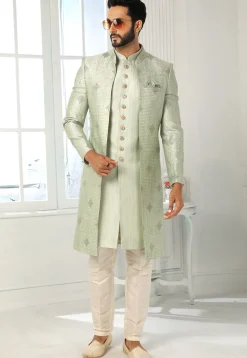 Embroidered Art Silk Kurta Jacket Set in Light Green