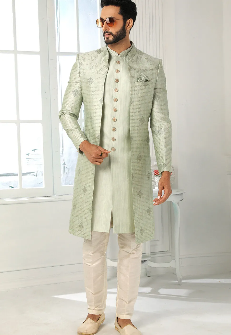 Embroidered Art Silk Kurta Jacket Set in Light Green